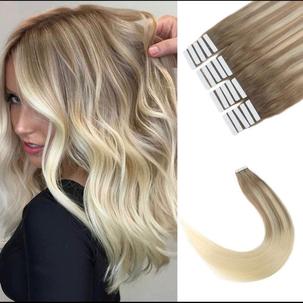 Sixstarhair Tape In Hair Extensions 18 in. Balayage Brown to Platinum Blonde
